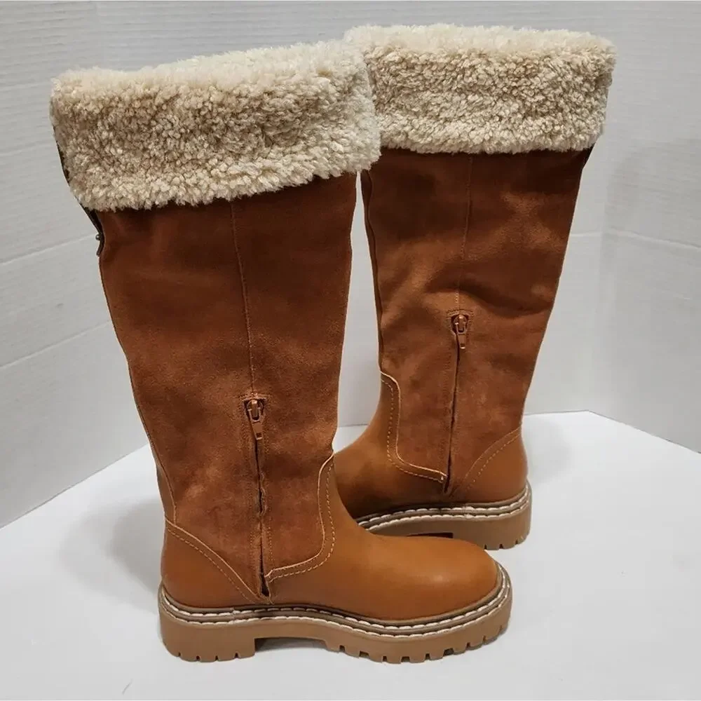 Splendid  Antonia faux fur trimmed Cognac leather boots Women's size 7.5 8 new!!